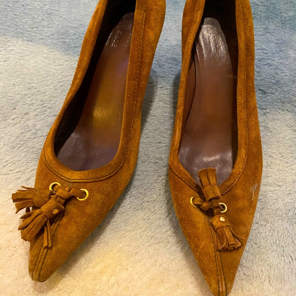 Brown Suede Tassle Kitten Heels